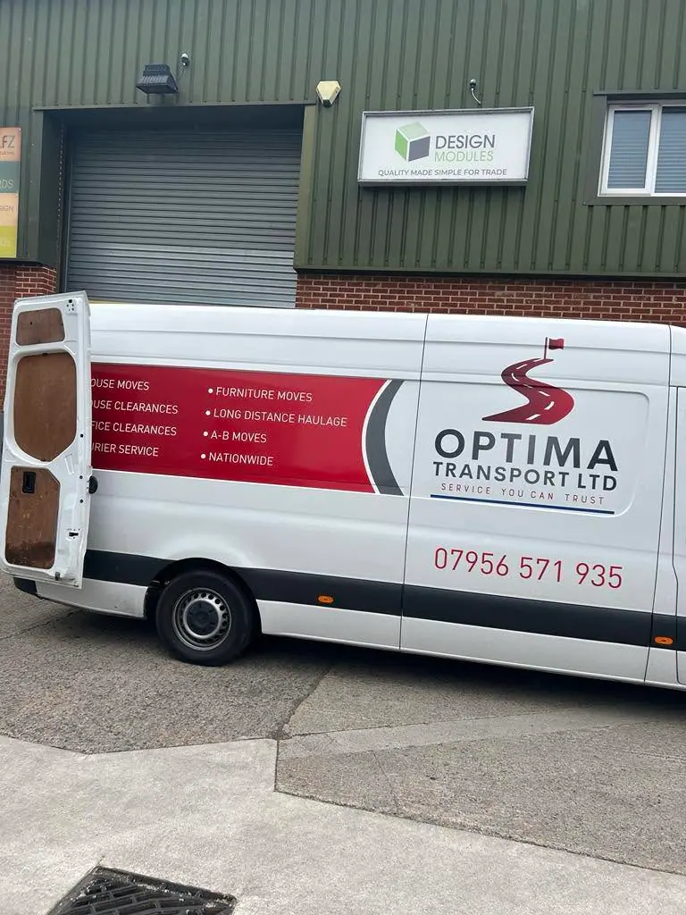 Optima Transport van parked at an industrial estate for an industrial clearance